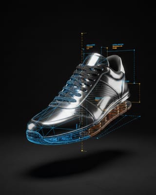 3D product visualization of sneaker showing wireframe mesh and photorealistic rendering techniques