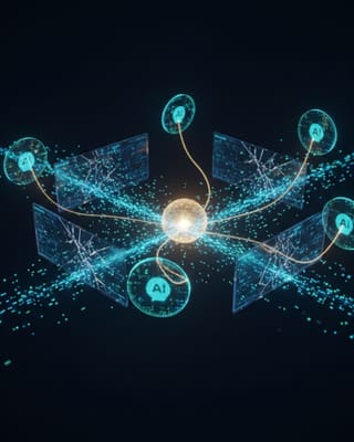 B2B marketing data streams converging into a central AI node across multiple platforms.