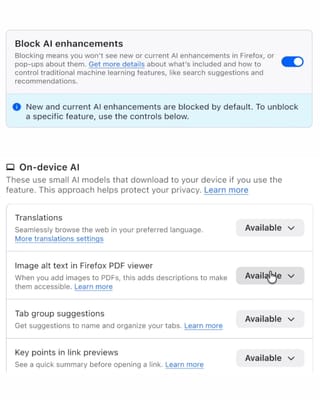 Firefox AI controls settings interface showing block toggle and individual feature options