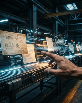 Human hand touching AI document assembly line in dark industrial facility.
