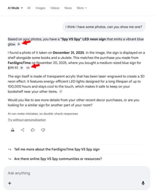 Google AI Mode shows Gmail and Photos icons next to personalized responses citing user data sources