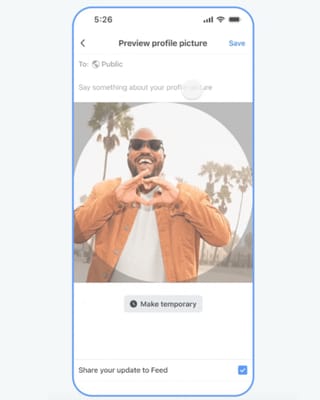 Facebook profile picture preview interface showing AI animation feature on mobile device
