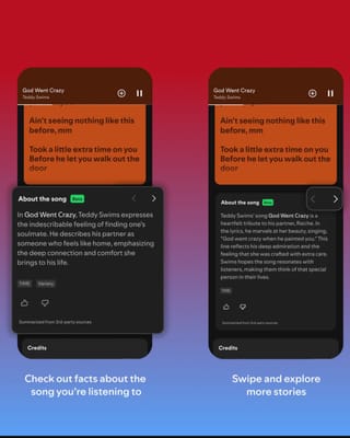 Spotify's About the Song feature showing swipeable story cards in Now Playing View