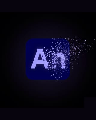 Adobe Animate logo dissolving into particles symbolizing software discontinuation after 30 years