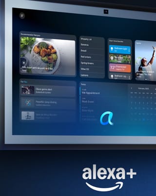 Echo Show display featuring Alexa+ home screen with recipes, shopping lists, smart home controls, and calendar