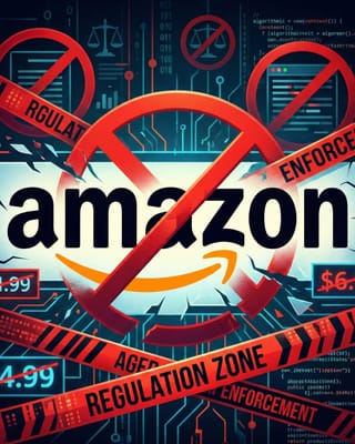 Amazon logo crossed by prohibition symbol amid algorithmic price control enforcement and regulatory barriers