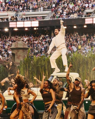 Bad Bunny performs atop vehicle during Super Bowl LX halftime show at Levi's Stadium in Santa Clara
