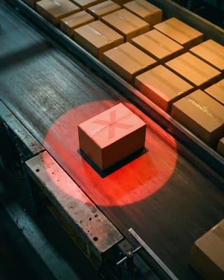 Single flagged box isolated under red light on warehouse conveyor while others move freely.