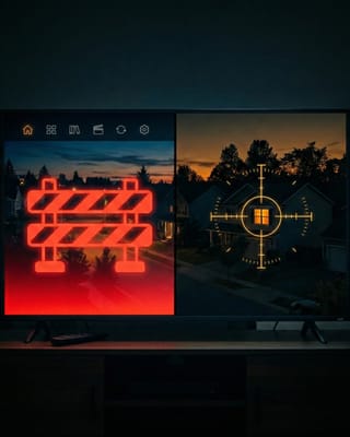 CTV screen split between excluded households and precision voter targeting at dusk.