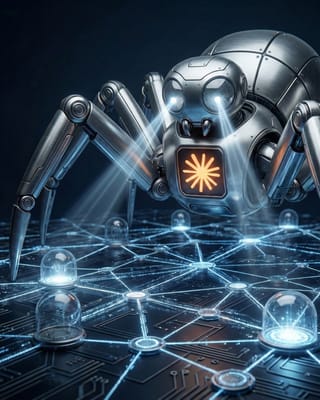 Anthropic's ClaudeBot crawler scans a glowing web network with sealed and open data nodes.
