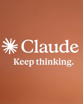Claude AI logo with "Keep thinking" tagline on orange background promoting ad-free assistant experience.
