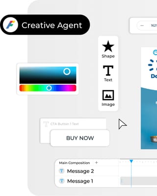 Flight Control's Creative Agent interface showing shape, text, and image editing tools.