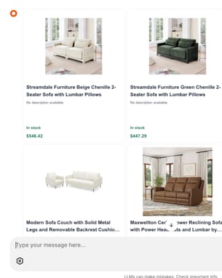 Criteo AI shopping assistant displays furniture recommendations with prices and availability status