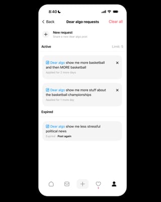 Threads Dear Algo interface showing active basketball requests and expired political news filters