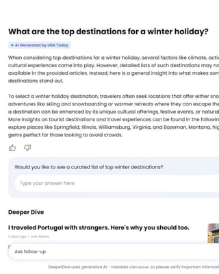 DeeperDive AI answer engine showing USA Today winter holiday query with conversational interface