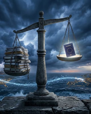 Scales of justice weigh banking files against an EU passport over a stormy Atlantic Ocean.