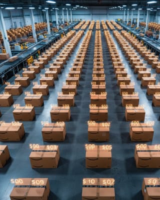 Amazon fulfillment center with per-unit fee charges displayed on boxes during FBA removal processing.