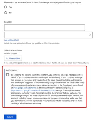 Google Ads support form authorization clause granting specialists direct account access.