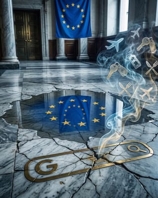 Cracked marble floor with Google search bar and EU flag reflection, travel icons rising as smoke.