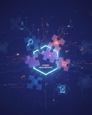 Puzzle pieces with marketing channel icons converging into unified hybrid measurement framework