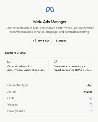 Meta Ads Manager connector inside Manus AI, enabling performance analysis and automated reporting.