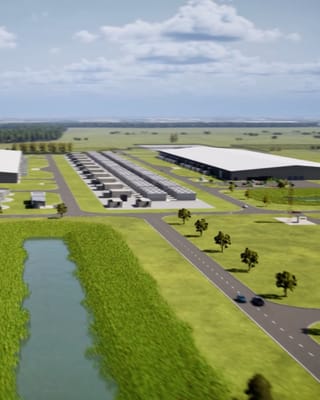 Aerial rendering of Meta's 1-gigawatt data center campus in Lebanon, Indiana with sustainable design.