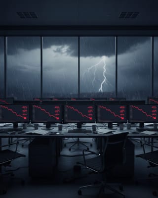 Empty newsroom monitors show plummeting traffic as storm clouds gather over digital publishing industry