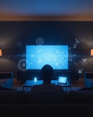 Person watching CTV surrounded by data nodes across screens at dusk.