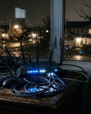 Glowing router at night with tangled cables, symbolizing IP address instability in CTV advertising.