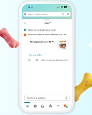 Amazon's Rufus AI assistant answering customer delivery questions on mobile shopping app interface