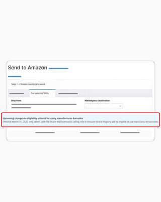 Amazon Seller Central interface showing March 31, 2026 barcode eligibility changes for Brand Registry sellers.