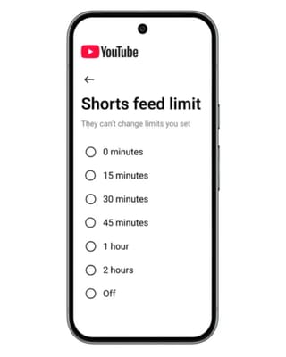 YouTube Shorts feed limit interface showing parental control options from 0 minutes to 2 hours or off