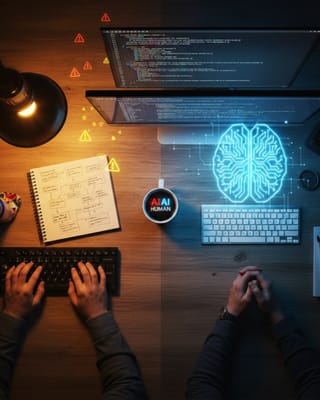 Developer workstations contrasting active coding with error warnings versus AI-assisted passive automation