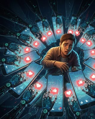 Robotic hands emerge from smartphones with fake engagement symbols overwhelming user amid bot manipulation