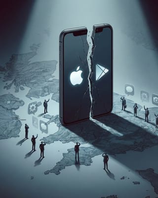 Giant cracked smartphones displaying Apple and Google logos tower over UK map with developer figures below