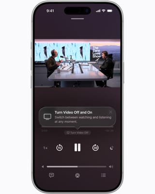 Apple Podcasts video interface showing seamless toggle between watching and listening modes