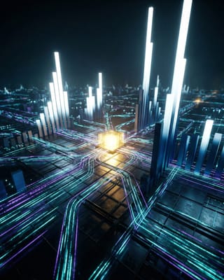 Glowing programmatic bidstream grid with data signals converging on a central auction node.