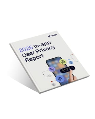 Hand holding smartphone with privacy icons illustrating Verve's 2025 In-App User Privacy Report findings