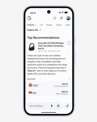 Google AI Mode displays sponsored shopping ads from Target and B&H beneath product recommendations for headphones.