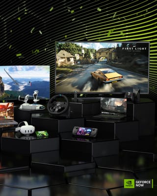 GeForce NOW cloud gaming across multiple devices including TV, laptop, VR headset, and gaming controllers