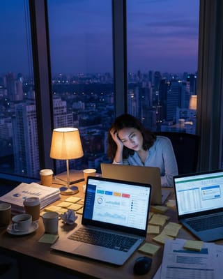 Marketer exhausted at night, surrounded by laptops, dashboards, and coffee cups, city lights behind.
