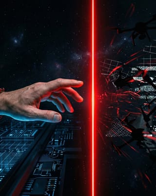 Hand reaching toward a red line dividing AI order from autonomous weapon chaos.