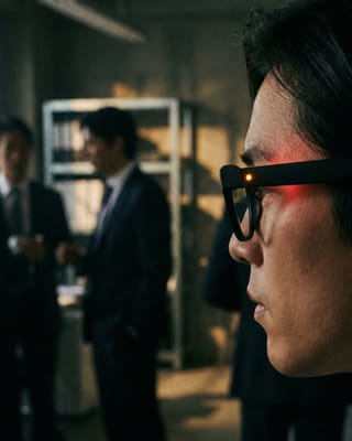 Smart glasses with glowing red LED recording indicator in a dimly lit office setting.