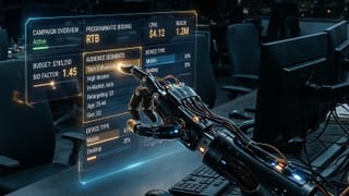 Robotic hand configuring programmatic ad campaign settings on a holographic DSP dashboard.
