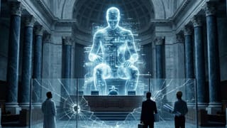Glowing AI figure looms over professionals in a courthouse as liability laws tighten.