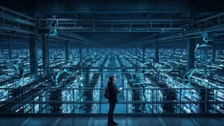 A lone shopper watches AI bots scan endless retail shelves in a vast automated warehouse.