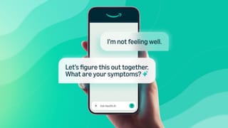 Amazon Health AI chat interface on the Amazon app asking a user about symptoms.