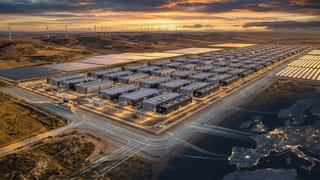 AWS data center campus in Aragón, Spain, with solar farms, wind turbines, and European network links.