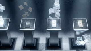 Five smartphones on auction podiums with floating bid cards, symbolizing Apple Ads auction dynamics.