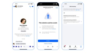 Messenger's Safe Browsing warning screen and Advanced Browsing Protection settings on mobile.
